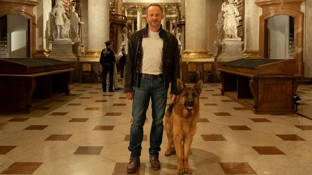 Max in Jeans, weißem T-Shirt und Jacke mit Schäferhund Rex im historischen Prunksaal einer Bibliothek