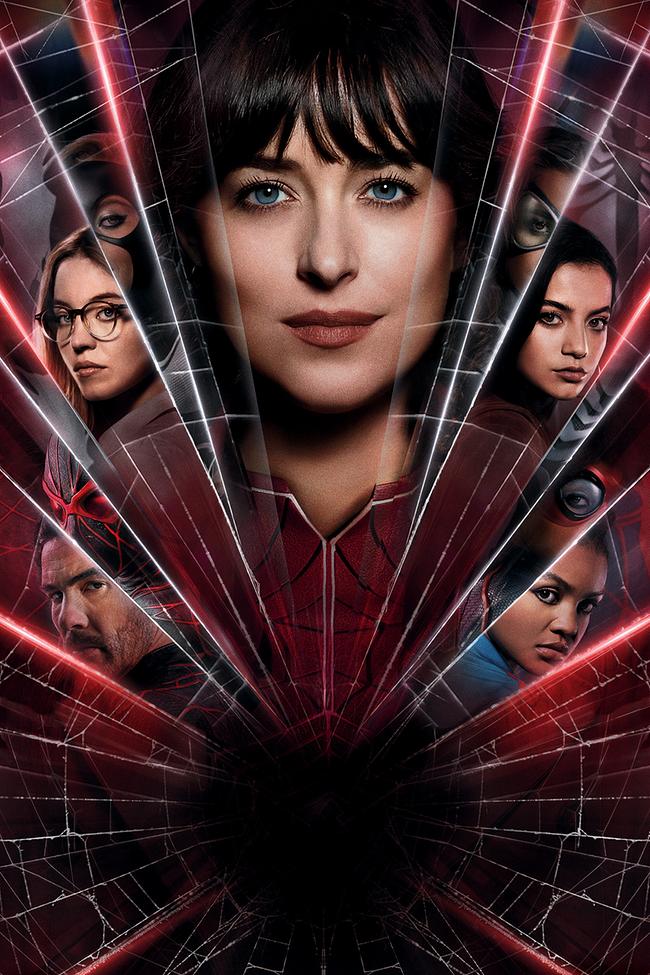 © ORF/Sony Pictures/CTMG Foto-Montage: hinter einem Spinnenetz, das teilweise rot beleuchtet ist, ist das Porträt von Dakota Johnson als Madame Web zu sehen, rund um sie herum die Gesichter weiterer DarstellerInnen