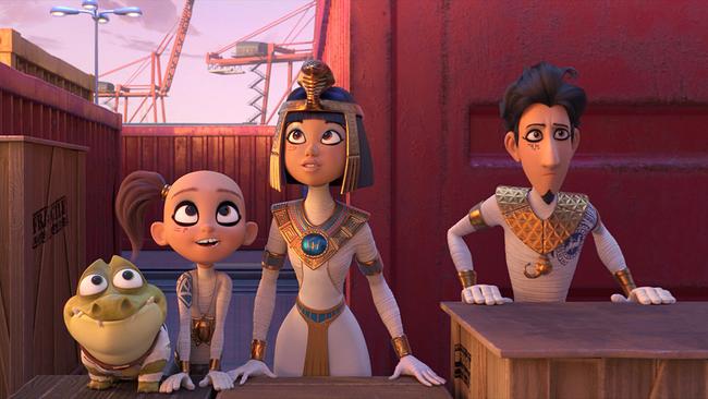 Animation - ein Mann, eine Frau und ein Kind in weißer, altägyptischer Kleidung stehen mit einem Krokodil in einem Container-Hafen und blicken sich erstaunt um
