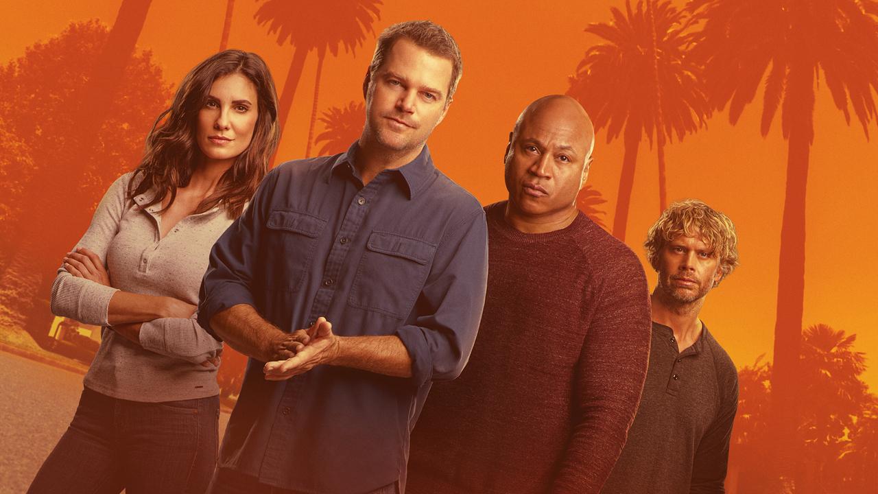 Das Team von Navy CIS: L.A. - Kensi, Callen, Hanna und Marty stehen vor orangefarbenen Hintergrund mit Palmen