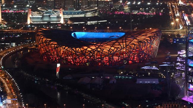 This photo taken on January 19, 2022 shows the National Stadium, known as the Bird's Nest, the venue for the opening and closing ceremonies at the 2022 Winter Olympic Games, in Beijing
