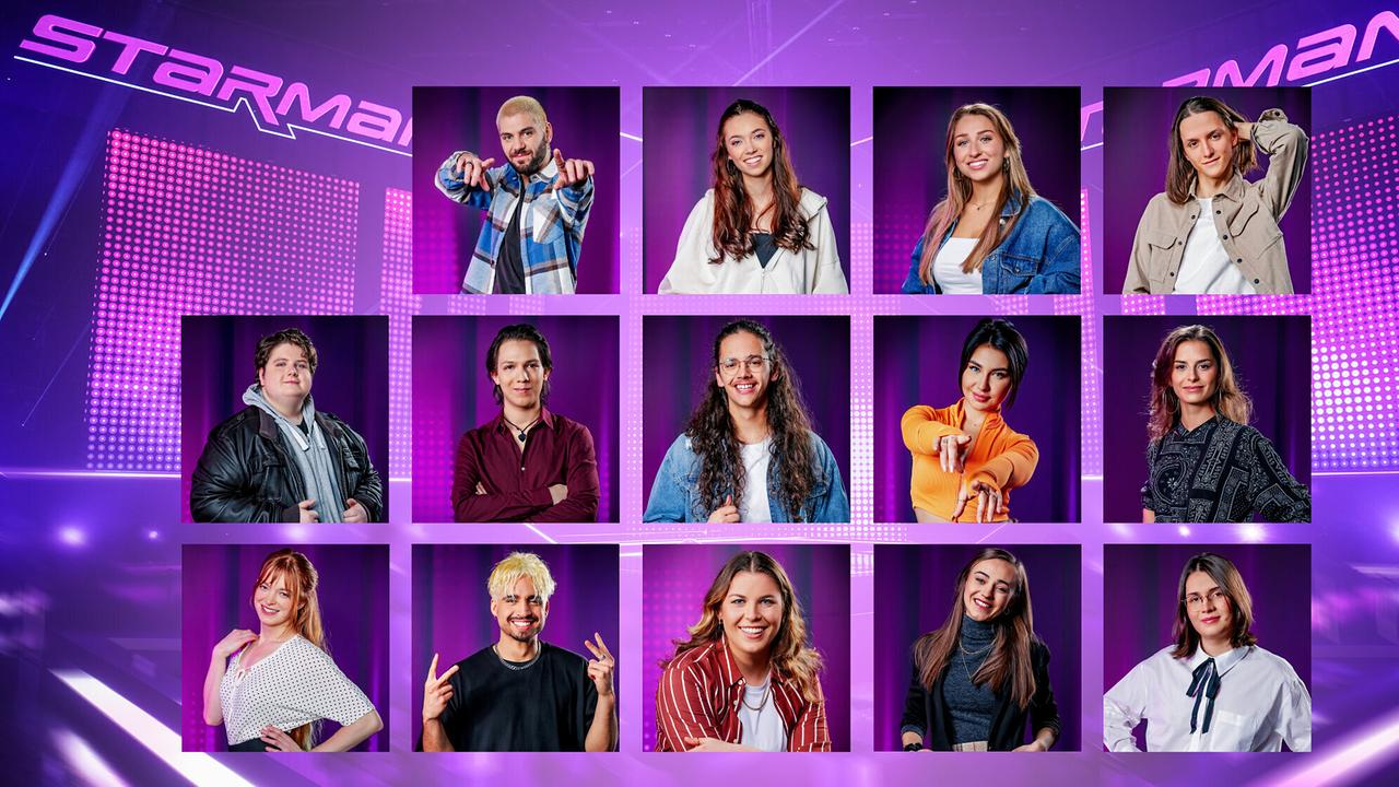 © ORF/Günther Pichlkostner Starmania: Die Kandidatinnen und Kandidaten der 2. Sendung (v.li.): oben: Daniel Frkat, Judith Lisa Bogusch, Julia Sperlich, Josef Kobinger, mitte: Kevin Gratz, Stefan Eigner, Sebastian Holzer, Julia Maria Ebner, Dora Leonardi, unten: Elisabeth Walløe, Hisham Morscher, Elena Pfennich, Katharina Satzinger, Emil Kafka.