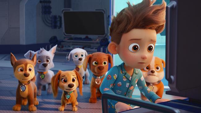 © ORF/Paramount Pictures Ein Bub im Pyjama tippt an einem Computer-Tisch, hinter ihm stehen sechs Hundwelpen und schauen wie er gebannt auf den Bildschirm