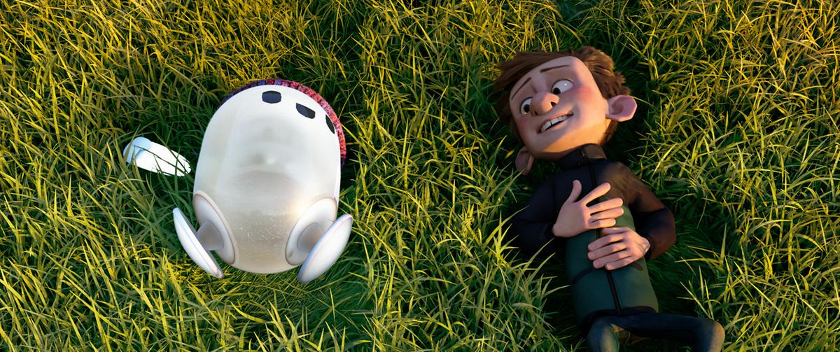 © ORF/Disney/Locksmith Animation Animation - Glücklich liegt Barney im Gras und schaut zu dem eiförmigen Roboter Ron, der mit Strickhaube wie Barney im Gras liegt