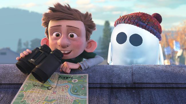 © ORF/Disney/Locksmith Animation Animation: ein Bub mit einem Fernstecher in der Hand und einen Plan vor sich, mit freudigem Gesichtsausdruck blickt er über eine Mauer, neben ihm steht ein silbener Roboter mit Strickhaube