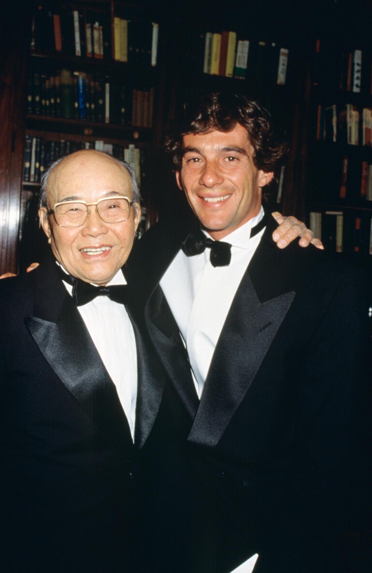 Sōichirō Honda und Ayrton Senna in Frankreich im Jahr 1990.