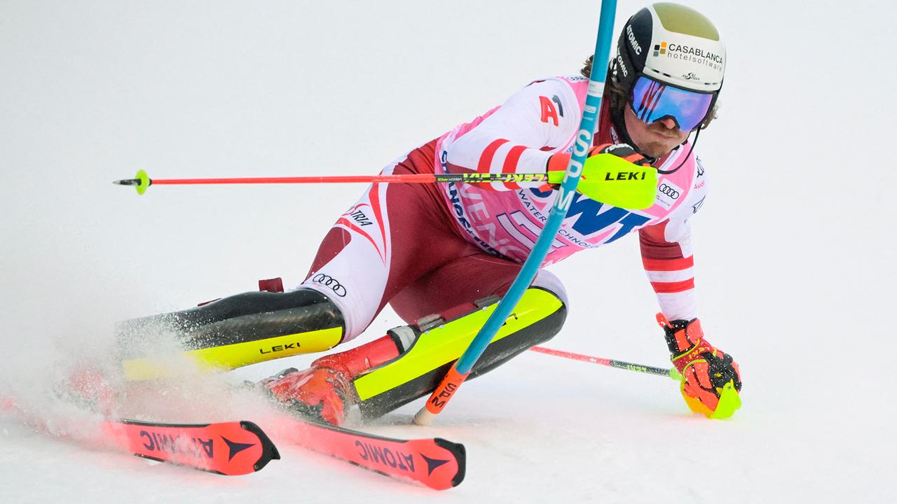 Austria's Manuel Feller competes during the men's FIS Ski World Cup Slalom round 1 in Wengen, Switzerland, on January 16, 2022.