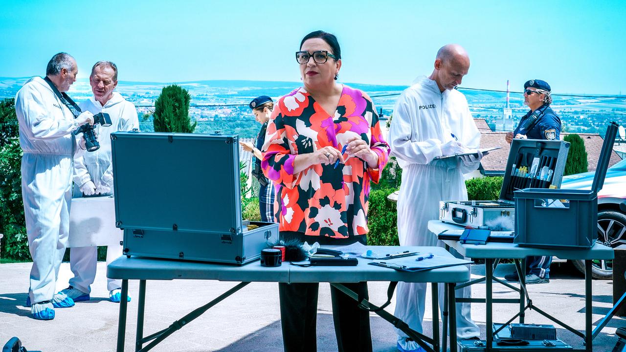 © ORF/Satel Film/Petro Domenigg Auf der Terrasse vor dem Haus mit imposantem Wienblick sind Dr. Franziska Beck und mehrere Einsatzkräfte mit Ausrüstung und Koffern bei einer Spurensicherung im Einsatz.