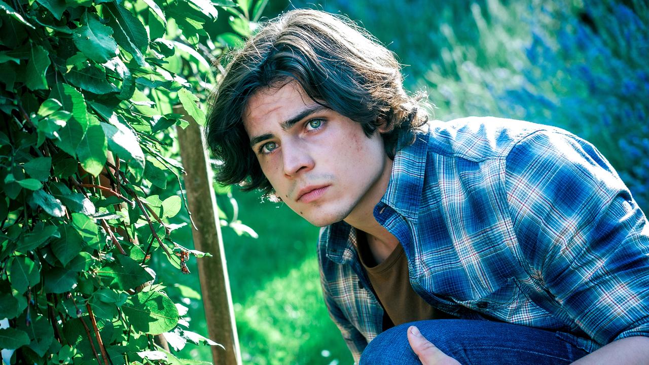 © ORF/Satel Film/Petro Domenigg Der jugendliche Valentin Kempf duckt sich im Garten neben einem Busch.