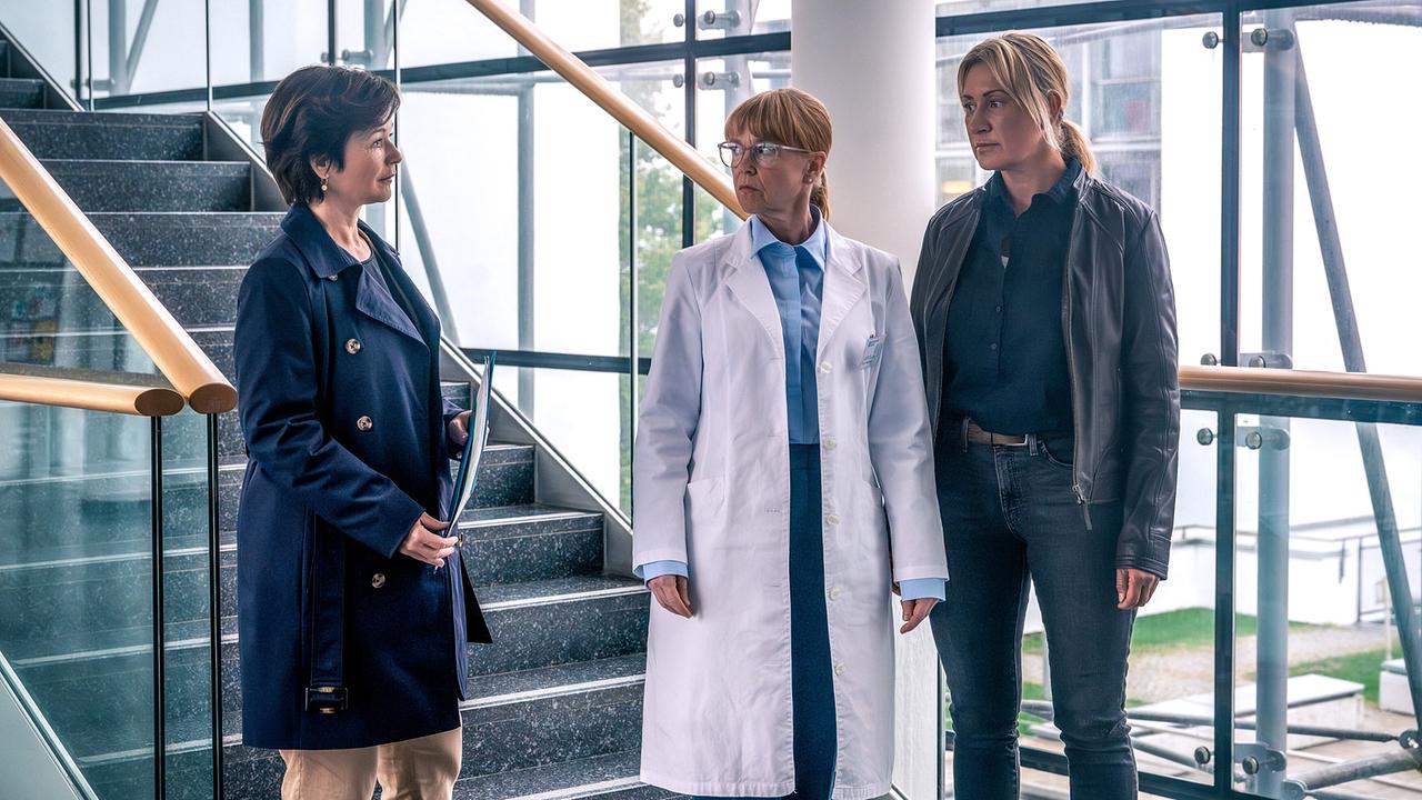 Katharina Stemberger und Angelika Niedetzky im Gespräch mit Birgit Linauer an der Stiege eines Spitals