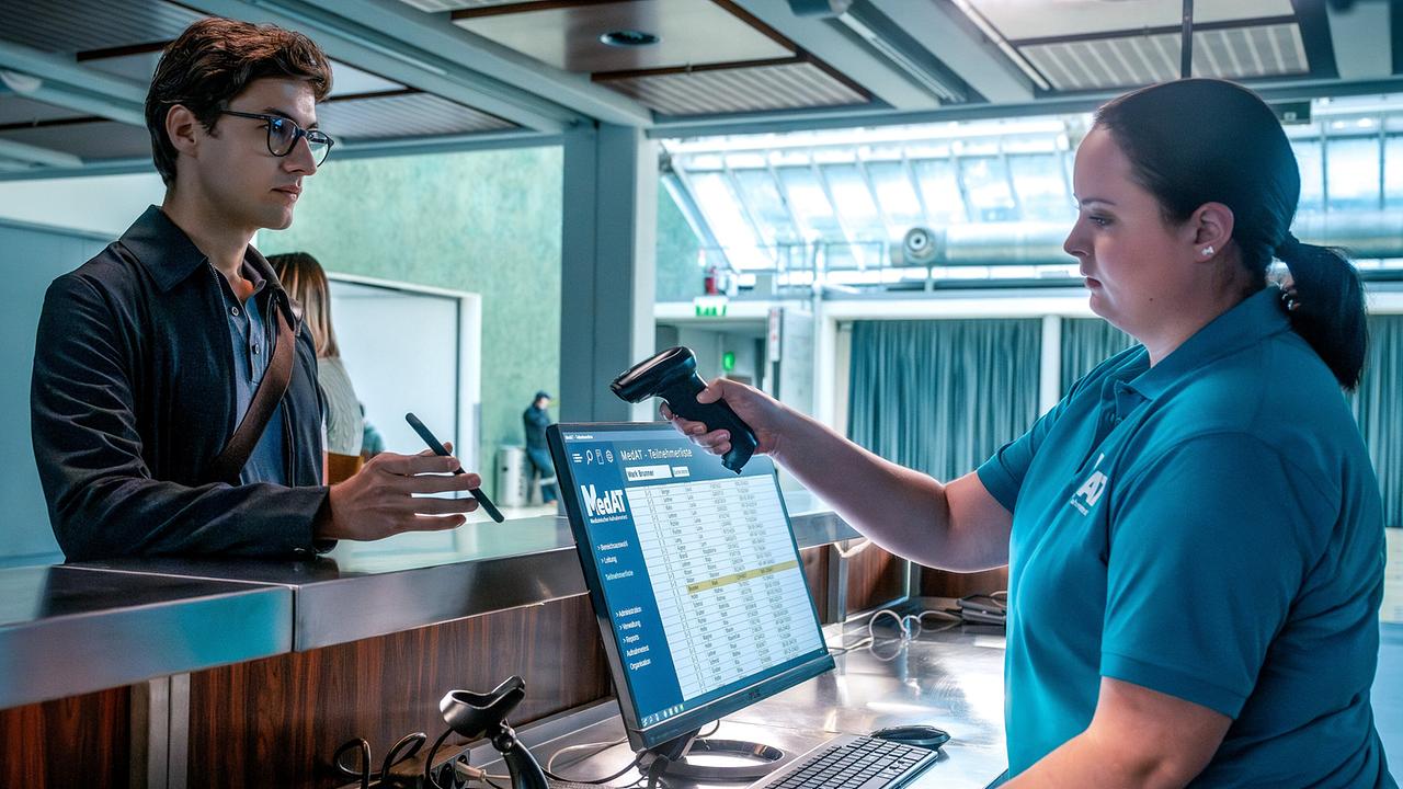 Laura Oedendorfer, eine Helferin von MedAT, mit Scanner; Anton Widauer hält ihr sein Smartphone hin