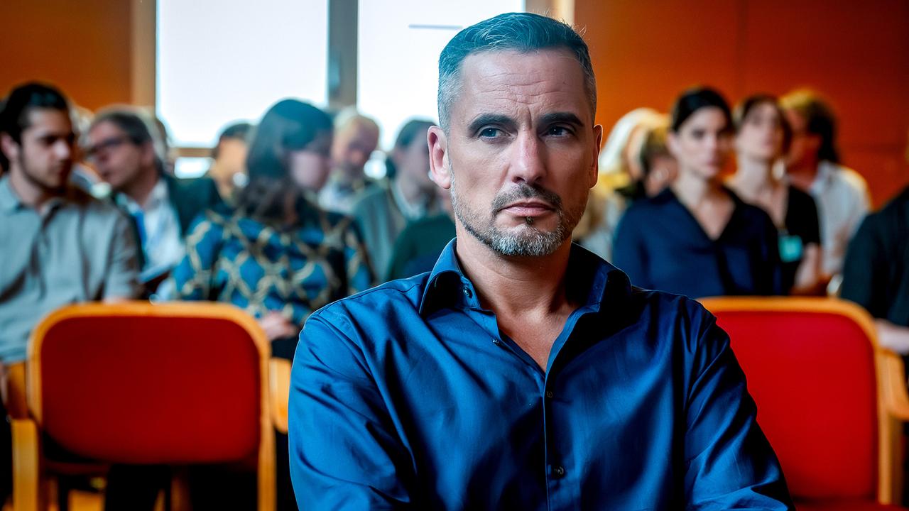 Marco Schlott sitzt ernst vor einer Gruppe Menschen im Gerichtssaal mit roten Stühlen.