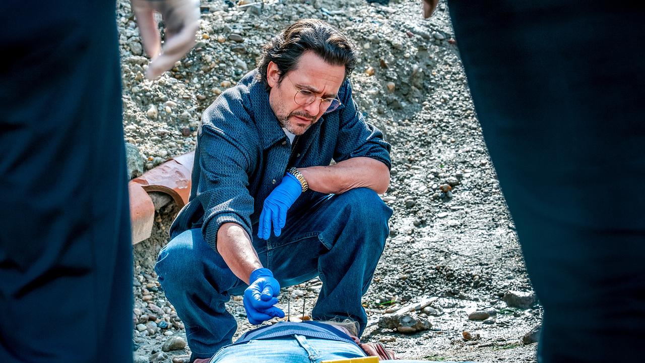 © ORF/Gebhardt Productions/Stefanie Leo Dr. Richie Vitek untersucht eine Leiche auf einer Großbaustelle, die mit einer Markierung gekennzeichnet ist.