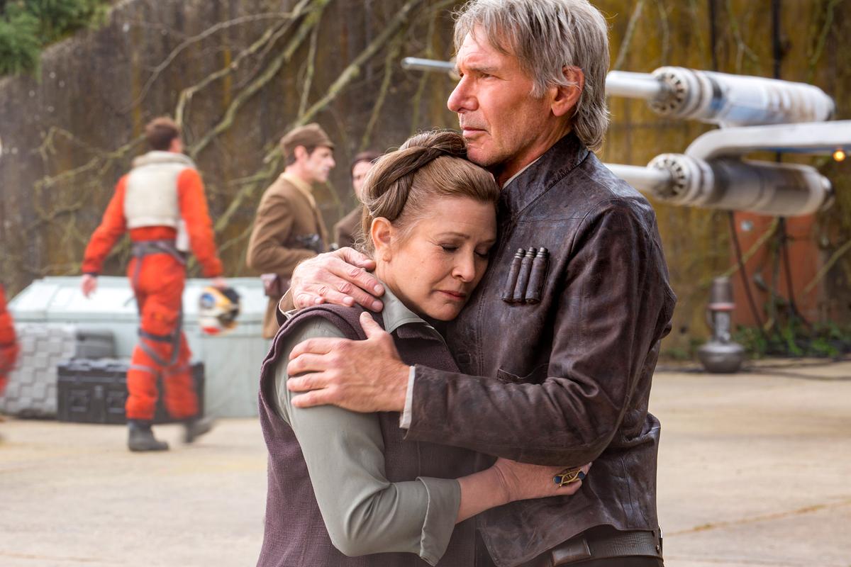 Im Bild: Carrie Fisher (Leia Organa), Harrison Ford (Han Solo).