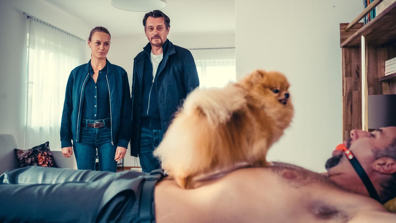 Ein kleines Hündchen steht auf dem nackten Oberkörper von Laszlo Nagy, der gefesselt im Bett liegt, während Anni Sulmtaler und Sascha Bergmann daneben im Raum stehen und ihn anblicken.