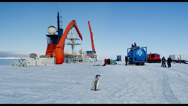 Ein Forschungsschiff und mehrere Fahrzeuge stehen im Eis, während ein Pinguin im Vordergrund sitzt.