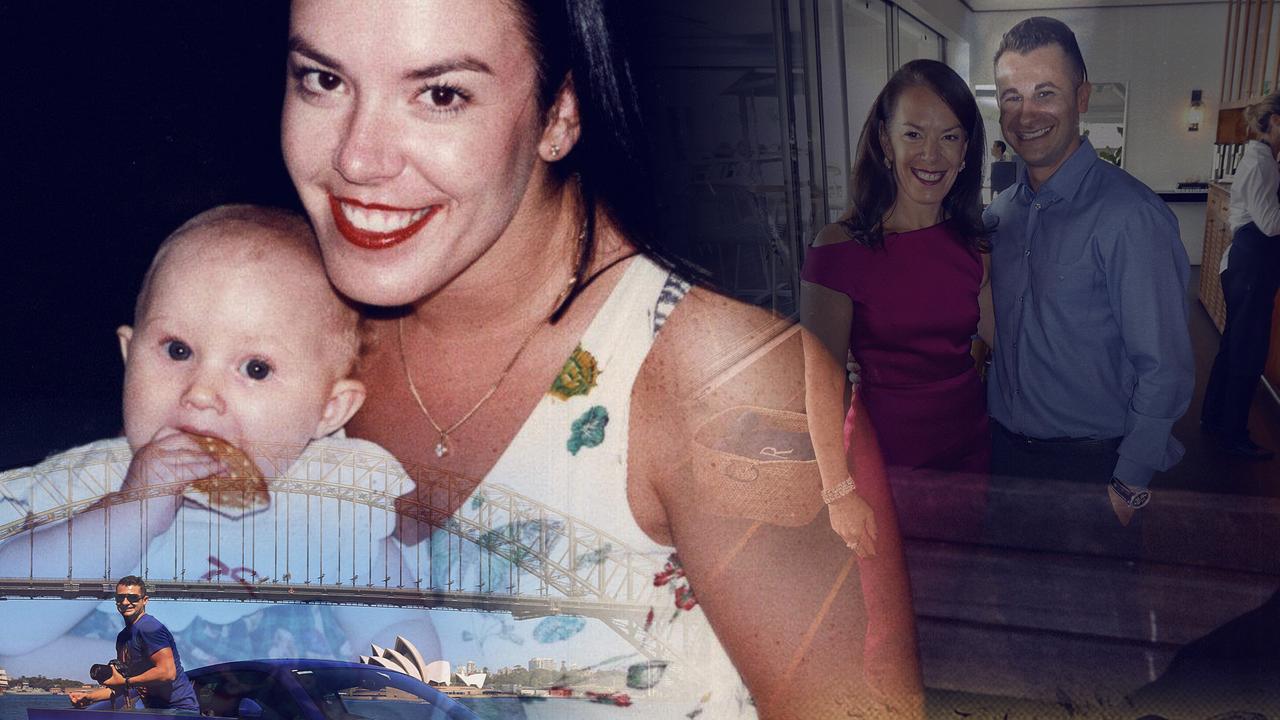 Fotomontage - Melissa Caddick lächelnd mit einem Baby, dahinter steht sie im pinken Kleid neben ihrem Mann 