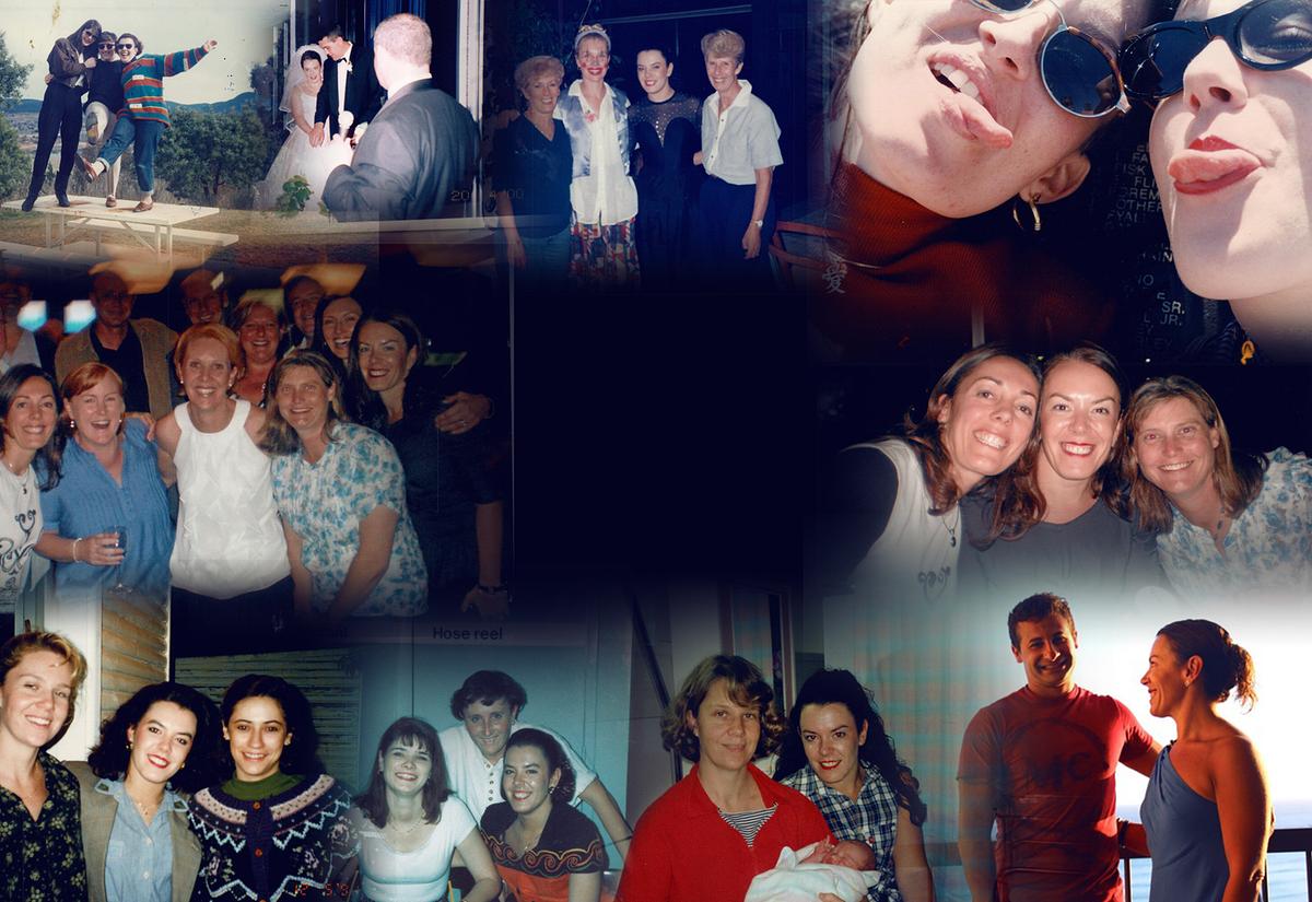 Fotocollage - fröhliche Schnappschüsse von Melissa Caddick mit Freundinnen, Familie, Ehemann und von der Hochzeit