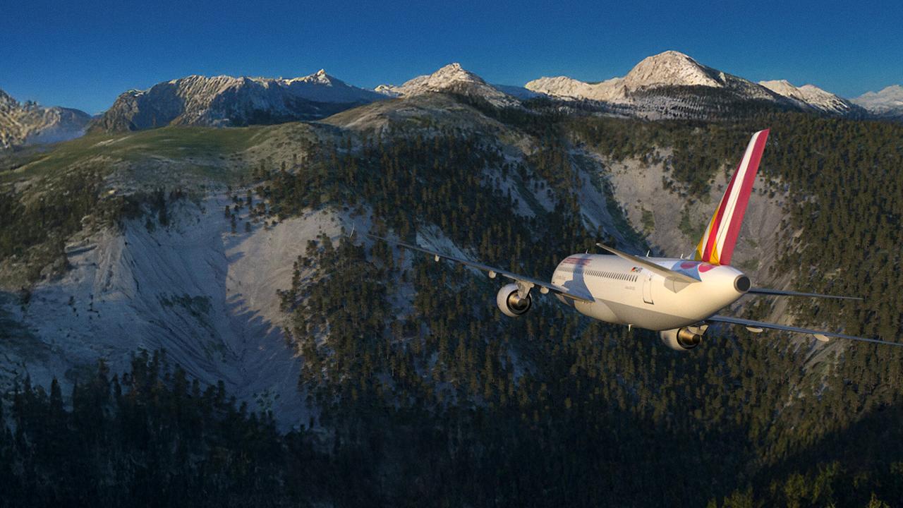 Ein Passagierflugzeug in einer Rechtskurve nach unten, mit dem Kurs auf eine Felswand