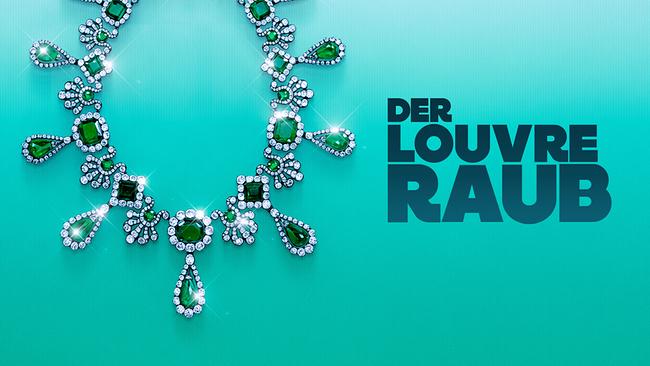 Key Art: eine mit Brillanten und grünen Edelsteinen besetzte Halskette vor türkisem Grund, daneben steht 'DER LOUVRE-RAUB'