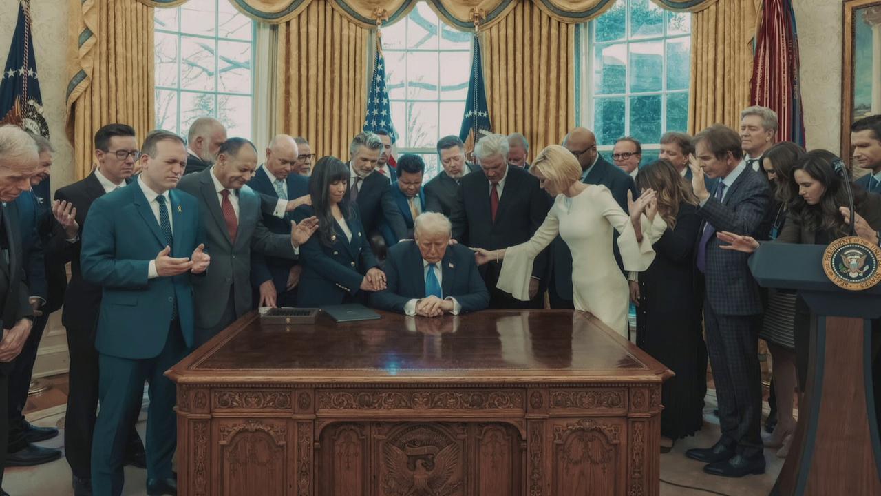 Donald Trump sitzt am Schreibtisch im Oval Office des Weißen Hauses, alle Anwesenden stehen um ihn herum und beugen sich zu ihm hin und beten mit ihm