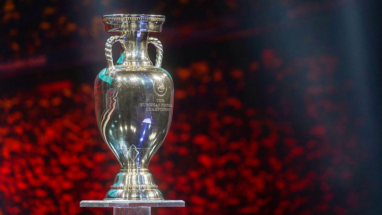 The trophy stands on the stage during the UEFA Euro 2020 football competition final draw in Bucharest on November 30, 2019