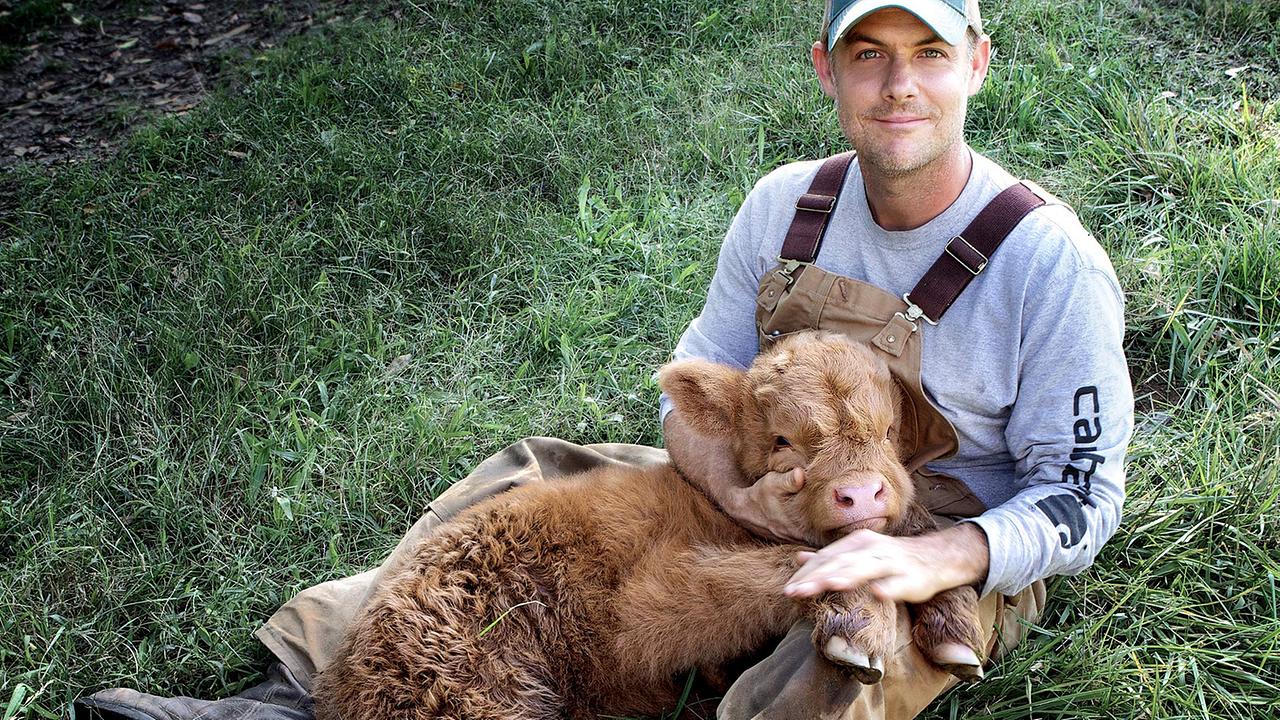 John Chester mit einem Hochlandrind. Schafe, Ziegen, Hühner, Enten, Perlhühner, Pferde, Hochlandrinder und eine Milchkuh leben auf der Farm.