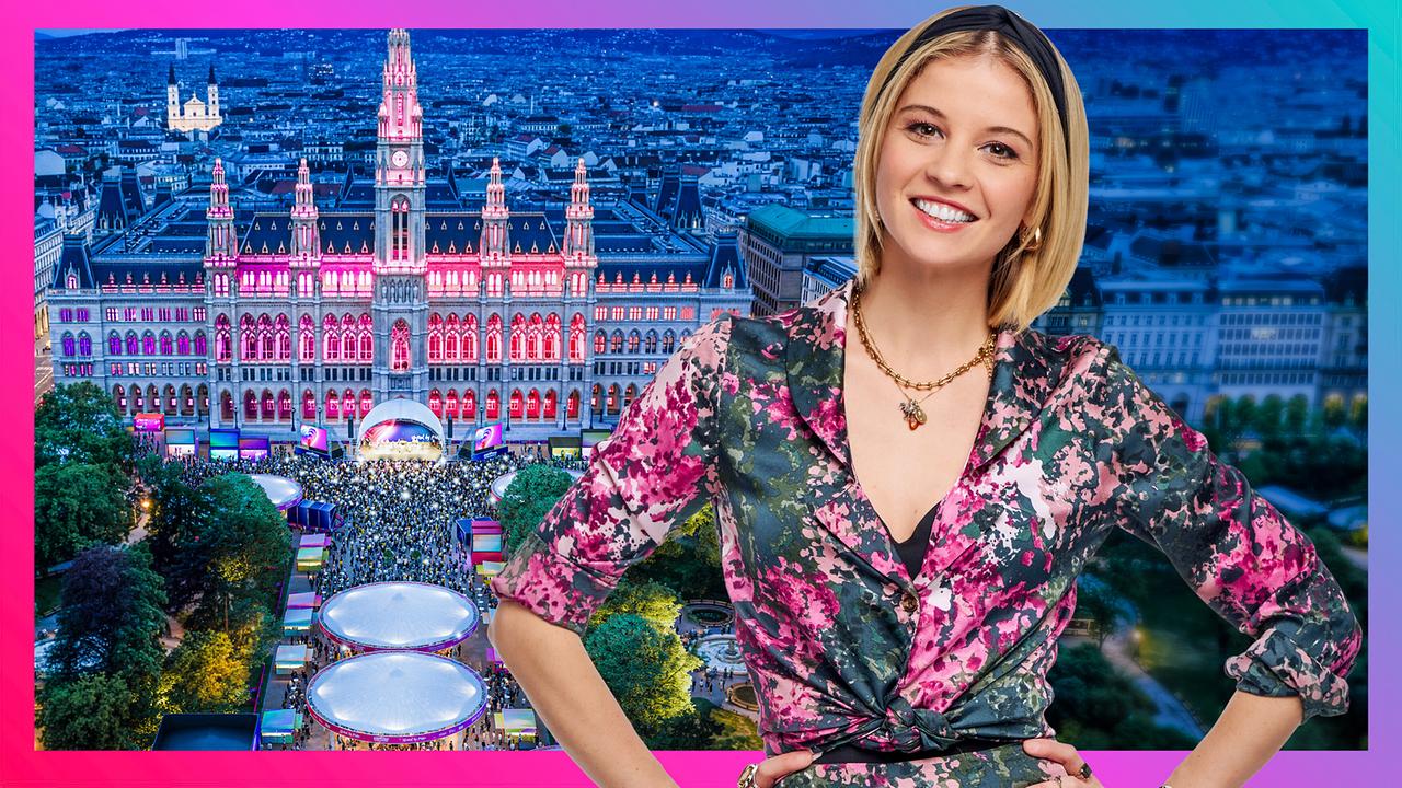 Montage mit Fanny Stapf vor der Kulisse des Wiener Rathausplatzes mit ESC-Flair