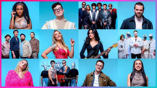 © ORF/Hans Leitner Montage der Top 12 für „Vienna Calling – Wer singt für Österreich?“ vor blauem Hintergrund mit Porträts von Bamlak Werner, Philip Piller, Nikotin, Sidrit Vokshi, Reverend Stomp, Kayla Krystin, Lena Schaur, FREVD, Julia Steen, Cosmó, David Kurt, Anna-Sophie