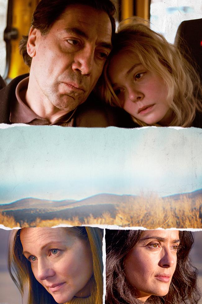 Filmplakat - in der Mitte ein weites Panorama einer kargen Landschaft, darüber Javier Bardem als Leo, Elle Fanning als Molly lehnt sich an ihm an, darunter Porträts von Laura Linney als Rita und Salma Hayek als Dolores, alle blicken nachdenklich drein