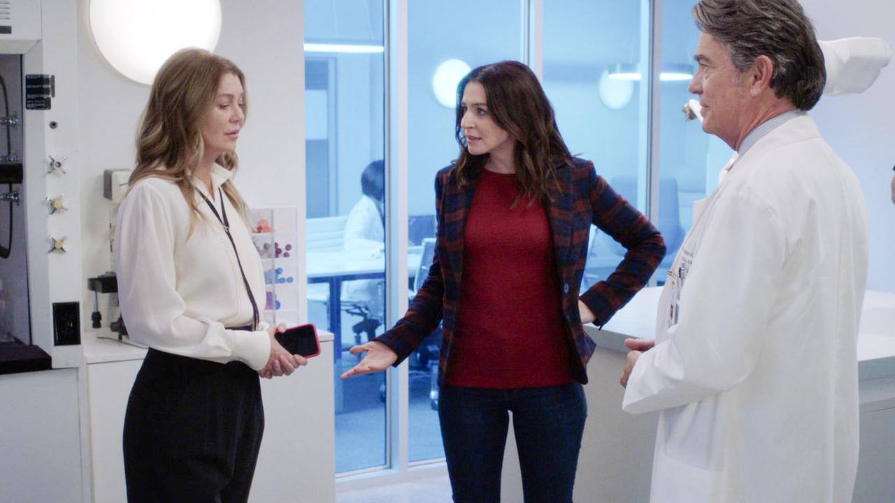 Ellen Pompeo (Dr. Meredith Grey), Caterina Scorsone (Dr. Amelia Shepherd), Peter Gallagher (Dr. David Hamilton)