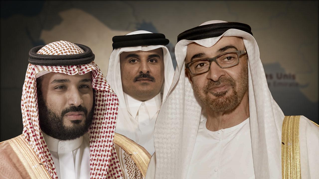 Die drei arabischen Kronprinzen: Mohammed bin Salman von Saudi-Arabien, Tamim Al-Thani von Katar und Mohammed bin Zayed von Abu Dhabi, VAE 