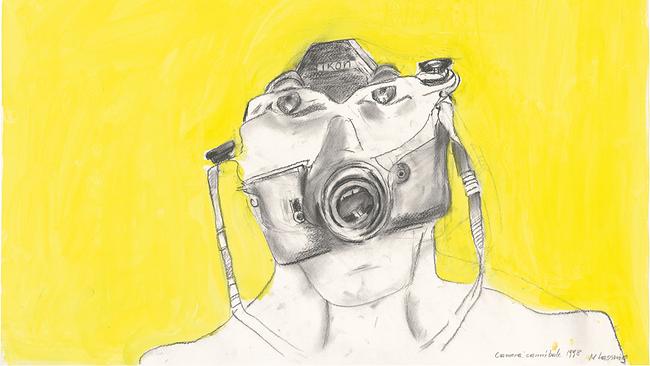 Maria Lassnig, Camera Cannibale, 1998, Aquarellierte Zeichnung auf Papier