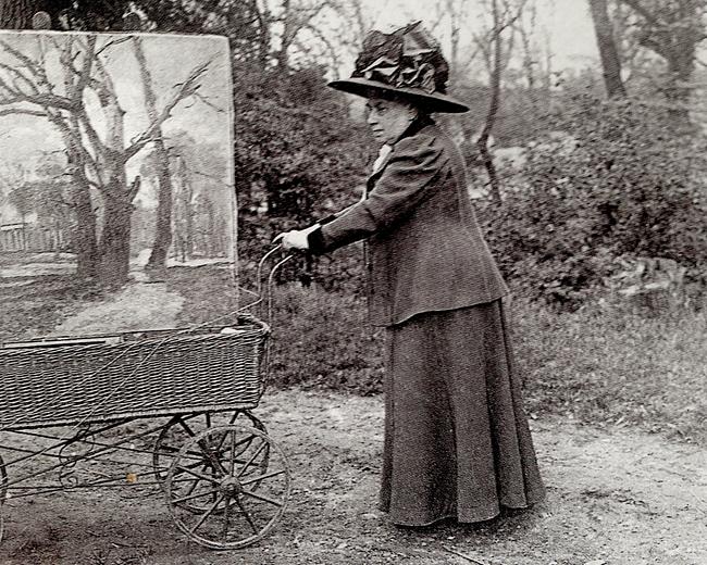 Tina Blau (1845-1916) mit Kinderwagen und Malsachen im Wiener Prater