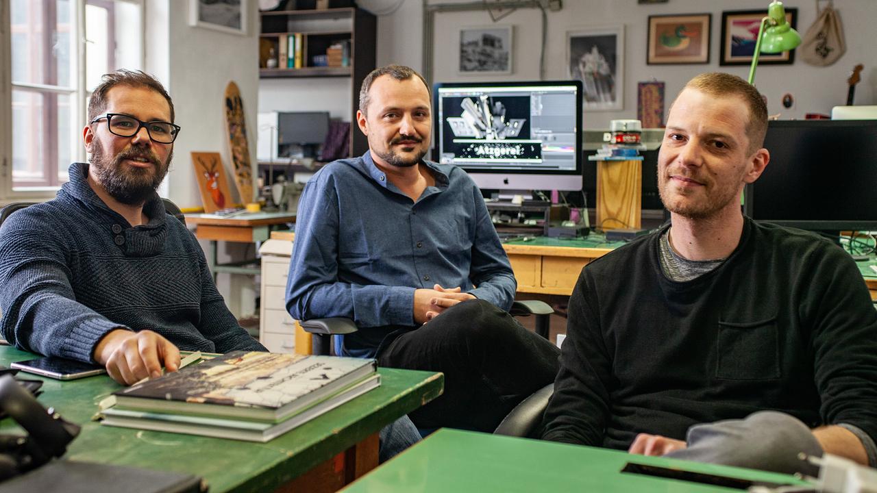 Ulrich Aschenbrenner, Peter Schönhardt, Michael Tripoldt - das Kreativteam der "Atzgerei" im Atelier