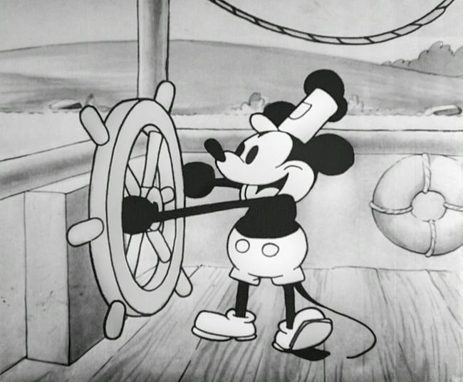 Bildszene aus Steamboat Willie der erste vertonte, öffentlich aufgeführte Zeichentrickfilm mit Micky Maus