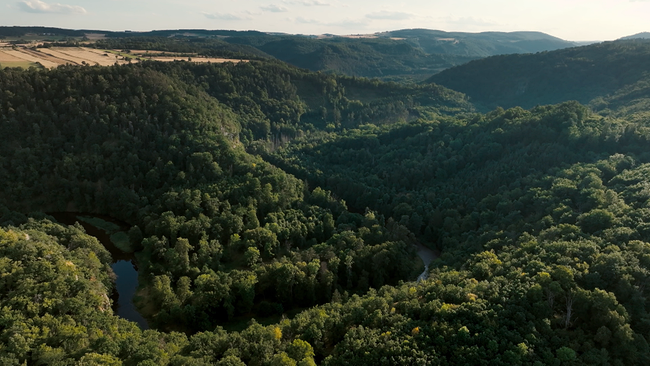 weitläufige Landschaftsaufnahme, steile Waldlandschaft mit Flussbett, das sich durchschlängelt
