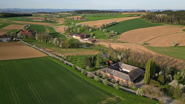 Landschaft mit Feldern und mehreren Vierkantern