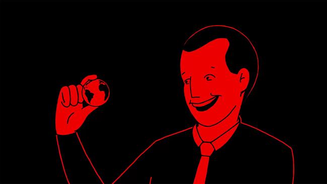 © Roberto Roboto/Roman Buchberger Animationsfilmstill Mann hält kleine Weltkugel zwischen Daumen und Zeigefinger