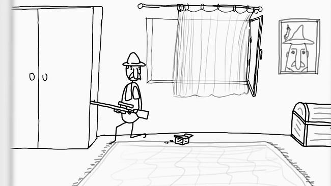 © Manuel Cavaleras (Bovio) Animationsfilmstill Jäger mit Gewehr in Zimmer