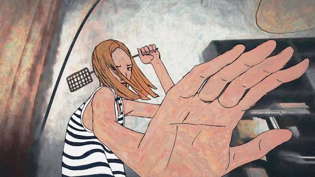 © Sascha Vernik Animationsfilmstill Frau mit Fliegenklappe und Hand in Abwehrhaltung