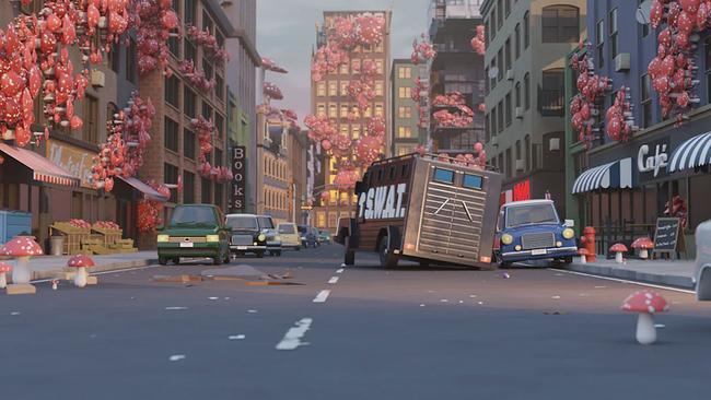 © Daniel Denzer, Marius Oelsch, Rita Weiss, Alessa Wolfram Animationsfilmstill Lieferwagen schlingert auf STraße mit Häusern mit Fliegenpilzen auf Fassade