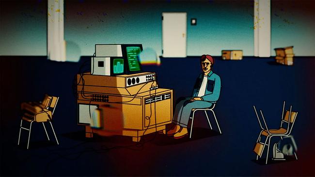 © Sebastian Freudenschuss Animationsfilmstill Mann sitzt alleine tatenlos vor Computer in Großraumbüro
