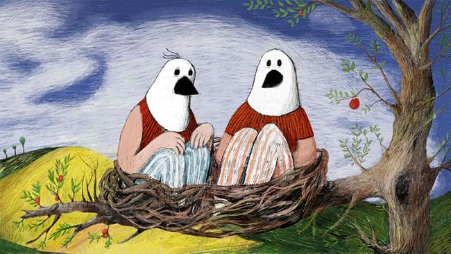 © Alexander Gratzer Animationsfilmstill Zwei Menschen mit Vogelköpfen sitzen in Vogelnest