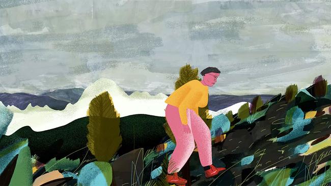 © Kathrin Steinbacher Animationsfilmstill Wanderin besteigt Berg in roten Stiefeln