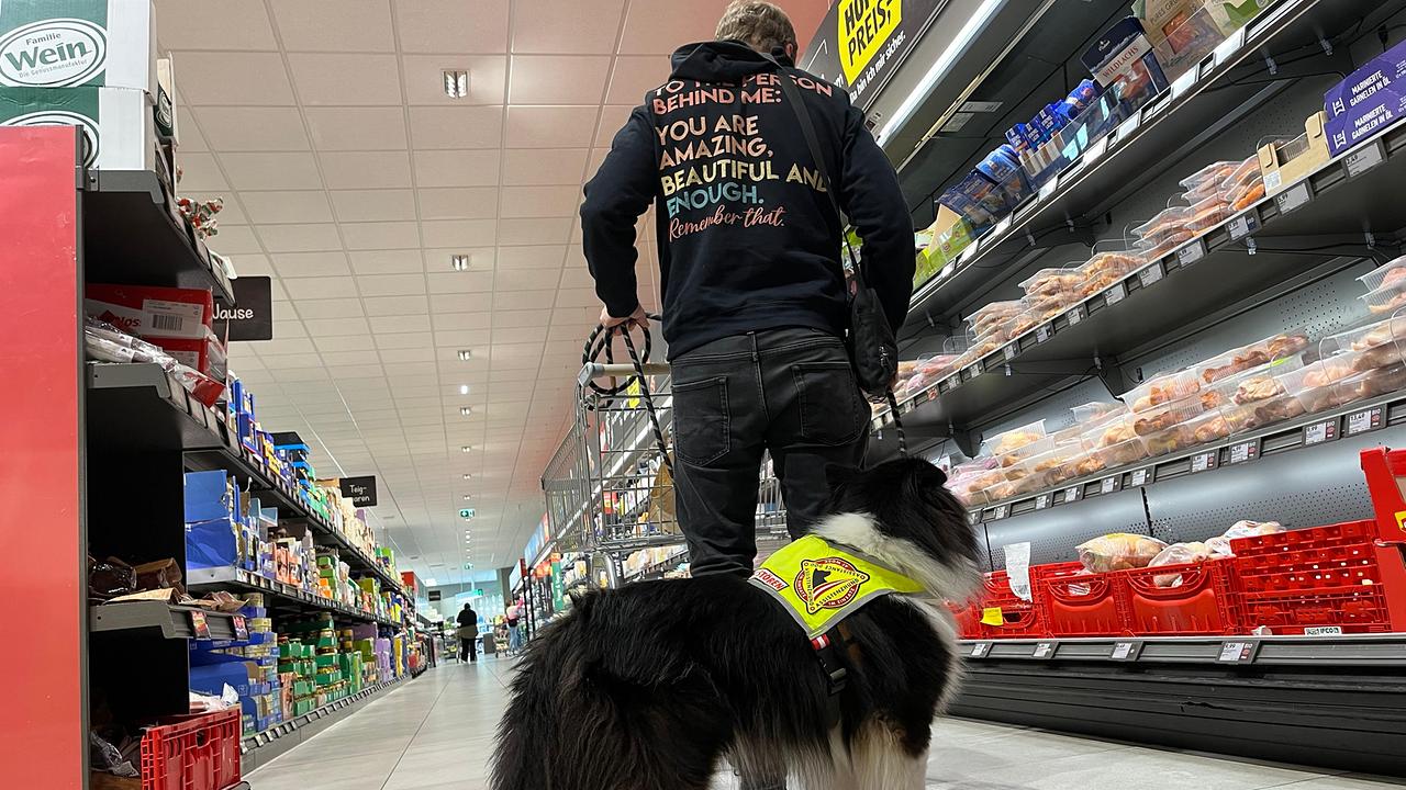 © ORF/Christoph Hellmann Assistenzhund Bumblebee begleitet seinen Besitzer Gernot beim Einkaufen im Supermarkt