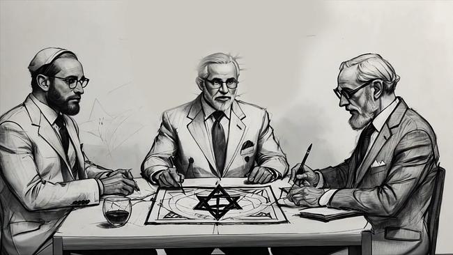 Schwarzweißzeichnung Männer am Schreibtisch