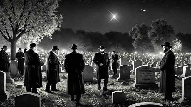 Schwarzweißzeichnung Männer auf Friedhof bei Nacht