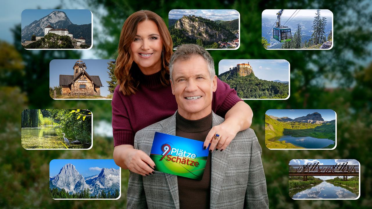 © ORF/Roman Zach-Kiesling Barbara Karlich und Armin Assinger präsentieren die Sendung „9 Plätze – 9 Schätze“, umgeben von den Landschaftsbildern der neun Finaliste 2026.