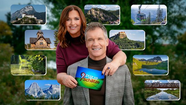 Barbara Karlich und Armin Assinger präsentieren die Sendung „9 Plätze – 9 Schätze“, umgeben von den Landschaftsbildern der neun Finaliste 2026.